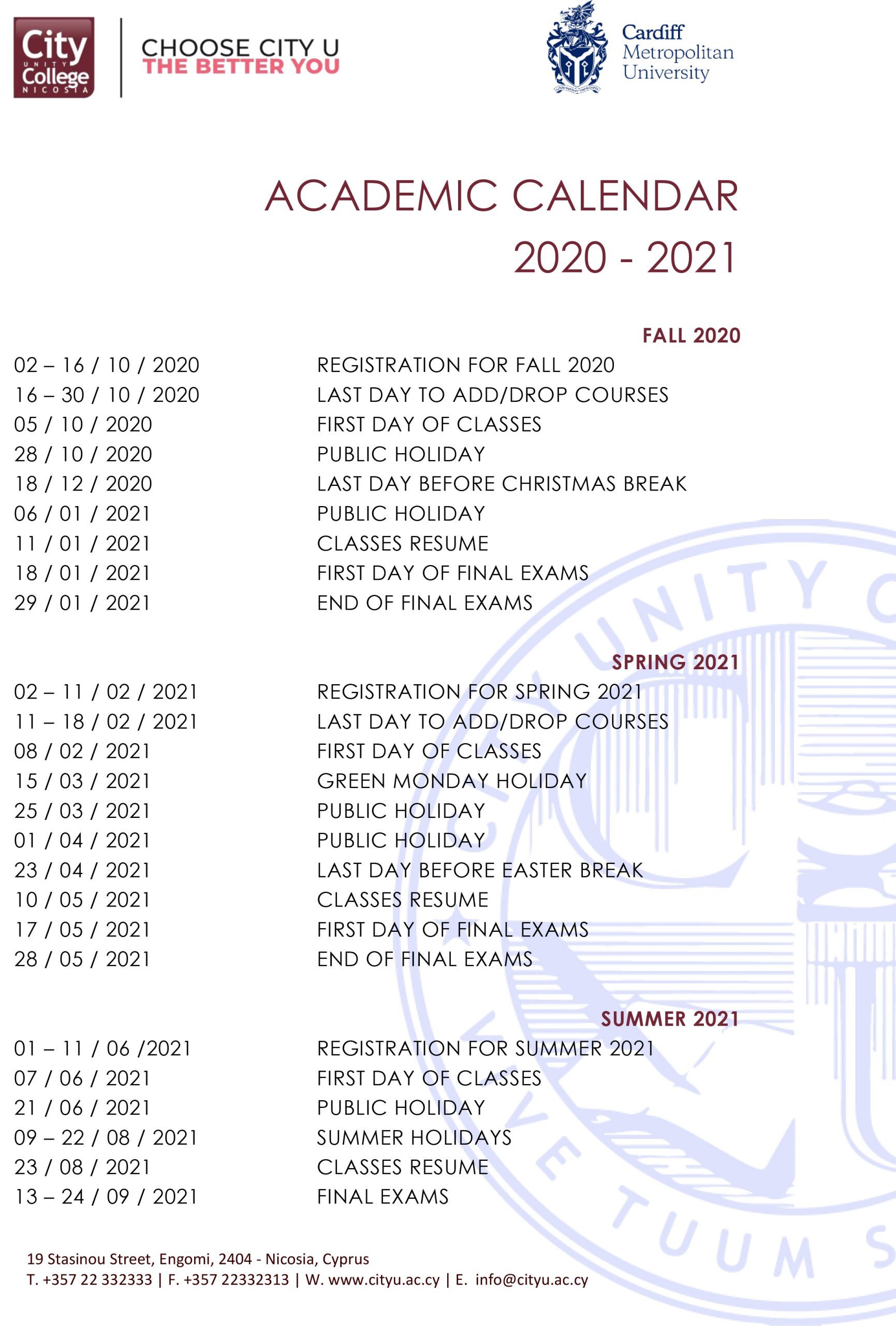 Academic Calendar 20202021 City Unity College Nicosia